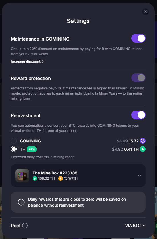 GoMining - Example Reinvestment Screen